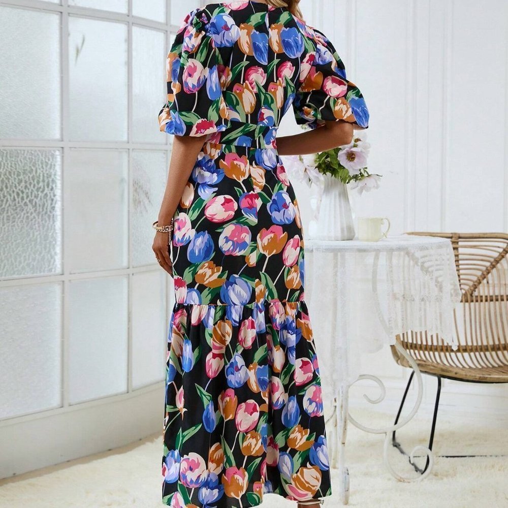 Multicolor Boho Womens Floral Print Puff Sleeve Ruffle Hem Dress - Picture 3 of 5